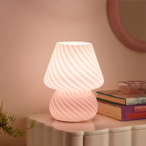 ONEWISH Mushroom Lamp-Small Bedside Table Lamp with Striped Glass, Nightstand Lamp for Bedroom, Living Room, Cafe, Bulb Included, Home Decor for Girls Women, Pink - color: Pink