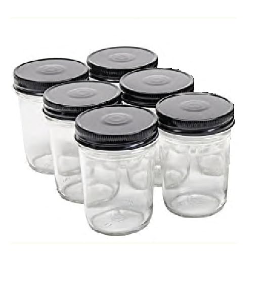 North Mountain Supply 8 Ounce Glass Regular Mouth Tapered Mason Canning Jars - with Safety Button Lids - Case of 6 (Black Metal Lids)