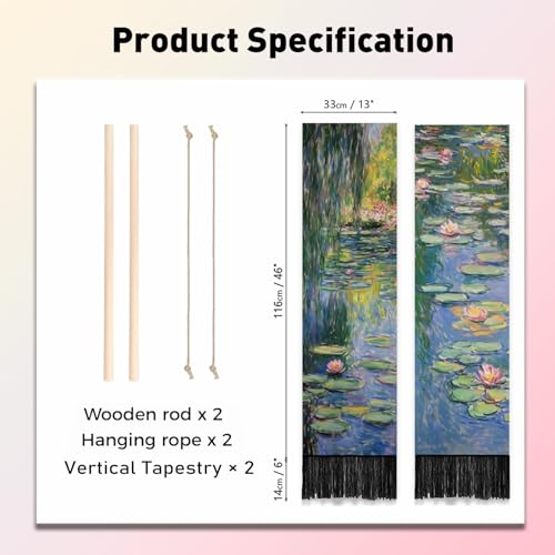 PLIGREAT 2 Pack Oil Painting Tapestry with Tassels, Lotus Pond Art Wall Hanging Vertical Monet Style Home Wall Tapestry for Bedroom Living Room Long Narrow Decor, 52" x 13" - color: blue,green