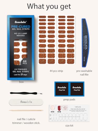 Real Gel Nail Strips (No UV Light Needed) - 44Pcs Salon Quality Nail Stickers - Long Lasting Polish Wraps for Women, Easy Apply & Remove (Brown Metallic) - color: Brown Metallic Flakes