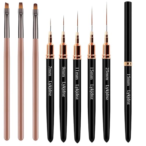8Pcs Nail Art Brushes Set, 5 Art Liners & 3 Multi Shape Gel Builder Brushes - color: Black