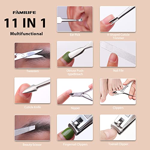 FAMILIFE Stainless Steel Manicure Set 11-in-1 Professional Nail Clipper Kit - color: Gold