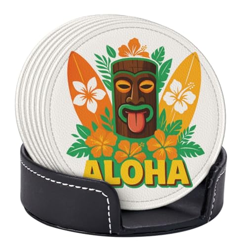 6 Pcs Leather Coasters for Drinks with Holder Hawaii Aloha Tiki Coaster Sets Drink Table Cup Coasters for Kitchen Coffee Decor - color: Aloha Tiki Hawaii