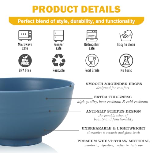 Wheat Straw Bowls Set of 6, Unbreakable 10 OZ Small Bowls Set for Snack, Appetizers, Desserts, Microwave & Dishwasher Safe Alternative Plastic Bowls Reusable, Blue - color: Blue, size: 10 OZ