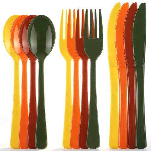 Kochorie 300 Pieces Fall Plastic Silverware, Disposable Plastic Utensils, Heavy Duty Cutlery Set Heavyweight Flatware Includes Spoons Forks Knives for Birthday Thanksgiving Harvest Party Supplies - color: Fall