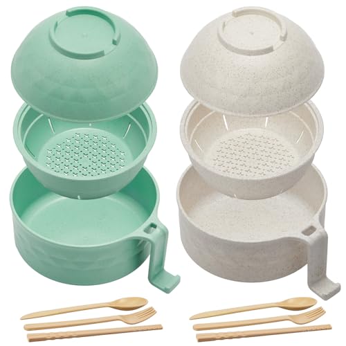 2 Sets 40 oz Microwave Ramen Bowl with Handles, Beige, Light Green - color: Beige, Light Green