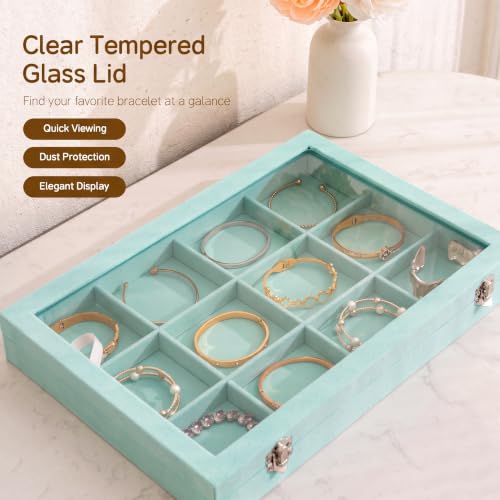 Frebeauty 12 Grid Bracelet Holder Box,Velvet Jewelry Tray with Clear Lid - color: Turquoise, size: 12 Grid