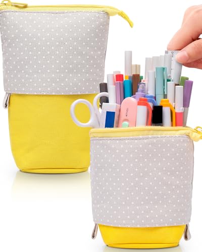 Sooez Standing Pencil Case, Cute Stand up Pencil Pouch, Telescopic Pen Bag - color: Yellow