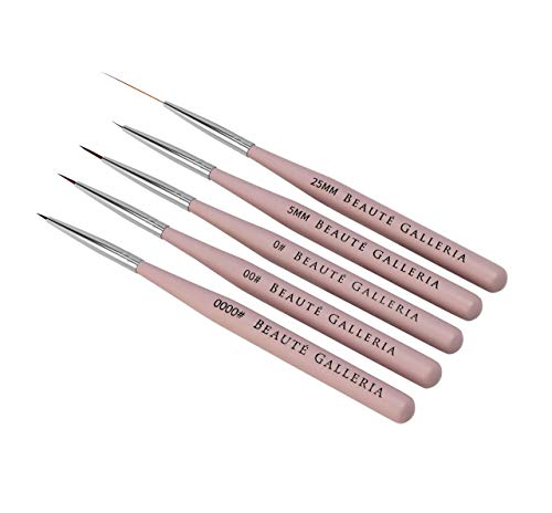 Beaute Galleria 5 Pieces Nail Art Brush Set with Liners (4mm, 7mm, 9mm) Striping Brushes (5mm, 25mm), for Thin Fine Line Drawing, Detail Painting, Striping, Blending, One Stroke - size: 5 Piece Set