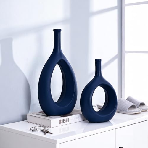 Navy Blue Ceramic Hollow Elliptical Vase Set of 2 - Boho Circle Vase with Hole, for Modern Navy Blue Table Decor, Living Room Decor Shelf mid Century Modern Home Entrance Decorative vase - color: Navy Blue