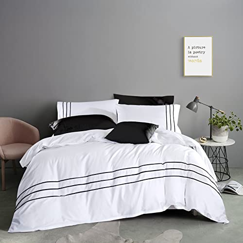 Karen Duvet Cover Set 3 pcs(1 Duvet Cover+2 Pillowcases) 100% Cotton Sateen Woven White Background with Black Stripe Zipper Closure(White Black,Full) - color: White Black, size: Full