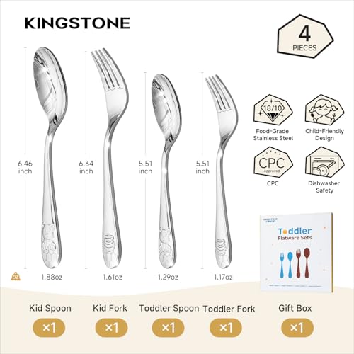 KINGSTONE 4 Pcs Toddler Utensils Gift Set, Stainless Steel, Honey Bear - color: Honey Bear, size: 4-Piece (Large & Small)