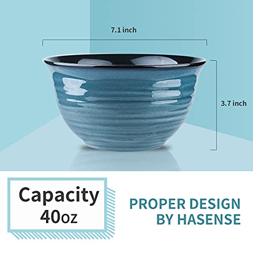 HASENSE Soup Bowls for Kitchen, 40 Ounce Large Cereal Bowls, 7 Inch Ceramic Serving Bowls for Salad Pasta Soup Popcorn, Dishwasher & Microwave Safe, Set of 4(Blue) - color: Blue, size: 40 Ounce