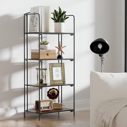 Crofy 4-Tier Foldable Bookshelf, Black Frame & Walnut Shelves - color: Black Frame & Walnut Shelf, size: 4 Tier