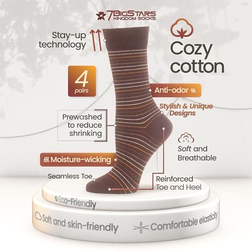 7BIGSTARS Women Cotton Crew Socks, Patterned 4 Pack, M 5-9 - L 8-12 - color: 01d - Brown Assortment (A29), size: 5-9