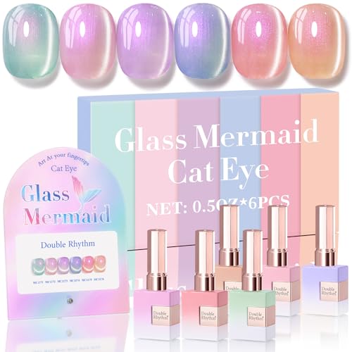 Double Rhythm Cat Eye Gel Nail Polish Set of 6 Same Color Same Bottle 0.5 Oz Shimmer Glitter with Magnet Holographic Reflective Magnetic UV Nail Polish Kit at Home (Mermaid Pink Rose-T6-31) - color: Glass Mermaid