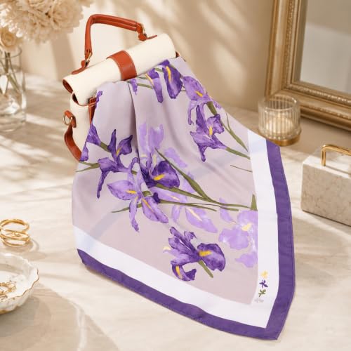 Ymapinc Colorful Western Horse Neck Scarf for Women, Square Silk Wrap, Horse Printed Bandanas Soft Head Scarf for Women - color: Purple Flowers