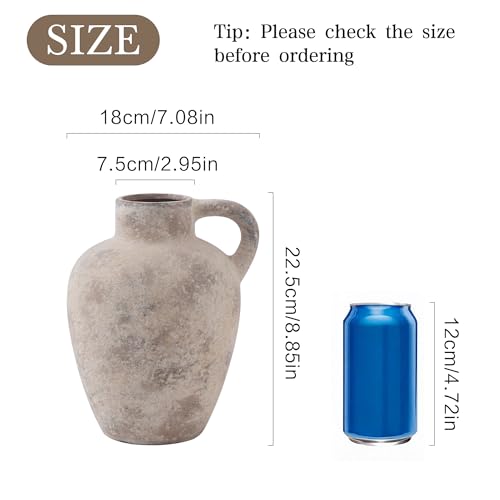 Enra Rustic Terracotta Vase with Handle, Textured Ceramic Home Decor - color: Farmhouse-8.85in-3