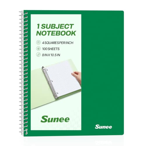 SUNEE Spiral Notebook, 1-Subject, Graph Ruled Paper, 8" x 10-1/2", 100 Sheets per Notebook, 3-Hole Punched Paper, Water Resistant Cover, Spiral Grid Notebooks for Work, Home, School, Dark Green - color: Dark Green