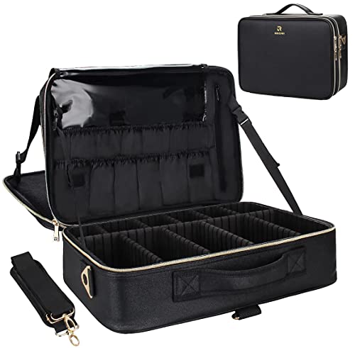 Relavel Makeup Case Large Makeup Bag Professional Train Case 16.5 inches Travel Cosmetic Organizer Brush Holder Waterproof Makeup Artist Storage Box, 3 Layer Large Capacity, with Adjustable Strap - color: Black Leather, size: Large