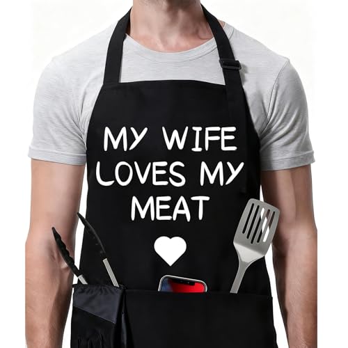 Rosoz Funny BBQ Black Chef Aprons for Men Adjustable Kitchen Cooking Aprons - color: My Wife Loves My Meat