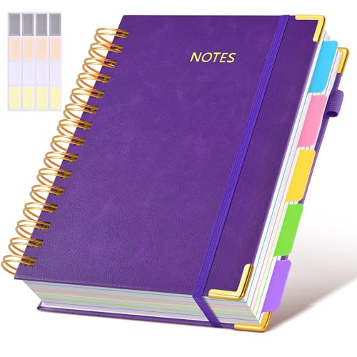 Hardcover Spiral Notebook journal with Removable Dividers Tabs, 300 Pages Leather 5 Subject Notebook College Ruled, 100GMS Notebooks for Work School Note taking,Lined Journal for Women,A5 Dark purple - color: Dark Purple, size: 6.2"x8.2"