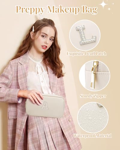 VLANDO Makeup Travel Bag with Pearl Monogram Patch,Beige A - color: 03-White-A