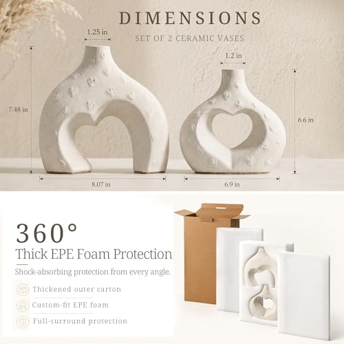 White Ceramic Flower Vases Table Decor Heart Shaped Vase Set of 2 - color: Large Cream White