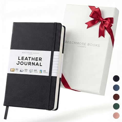 BEECHMORE BOOKS A5 5x8 Lined Leather Journal For Men, 120 GSM with Gift Box - color: Charcoal Black, size: A5 - 5.8" x 8.3" Medium
