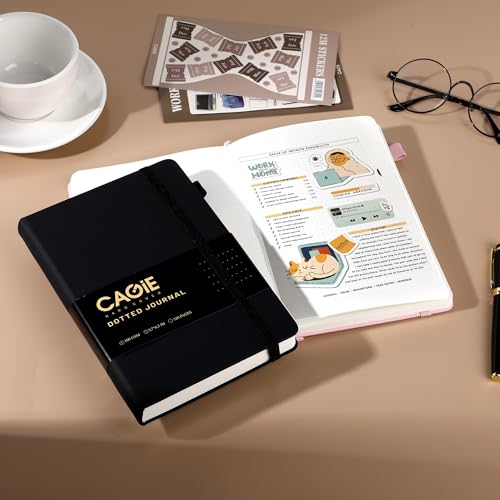 CAGIE Bullet Dotted Journal Notebook 320 Pages 100 GSM Paper Hardcover A5 Dot Grid Notebook Leather Journals for Writing Women Men Work Journaling, Black - color: Black, style: Dotted A5