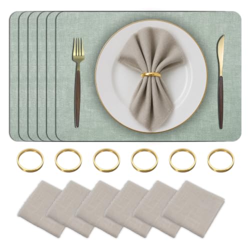Placemats Set of 6 with Napkins and Rings - Washable Faux Leather Table Mat - color: Green, size: Placemats Set of 6