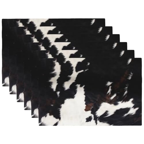 Cowhide Print Placemats Rectangle Linen Table Placemet Set of 6 - color: Black White Brown, size: Set of 6