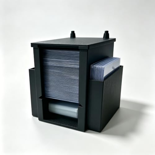 Toploader Dispenser & Penny Sleeve Holder - Dual Compartment Holds 300 Penny Sleeves & up to 50 Top Loaders, Stackable Card Storage Box with Dustproof Lid (Black)