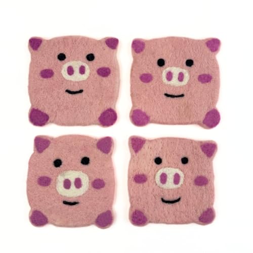 Humble Hilo Handmade Animal Felt Coaster Set of 4, Absorbent Coaster for Animal Lover (Pig) - color: Pig