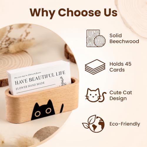 Wood Cat Business Card Holder for Desk,Wooden Name Card Holder - color: Beech Wood with Cat Pattern