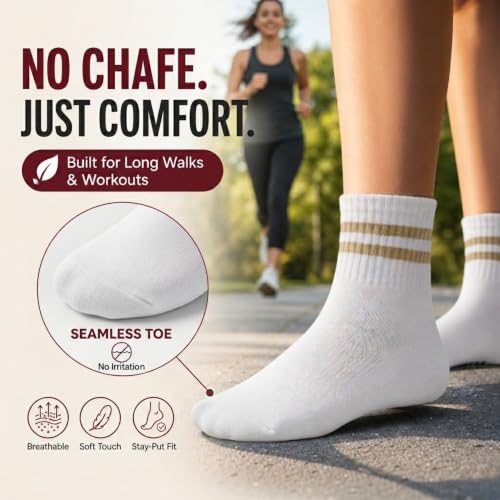 Forever Bambe Mini Crew Socks for Women 4-Pack Cushioned Bottom Retro Striped Socks - Athletic Women's Short Calf Sock - color: 6 Pack White Beige
