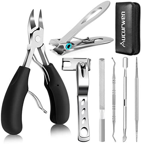 Toenail Clippers for Seniors Thick Toenails, Aucurwen Heavy Duty Toe Nail Clippers Adult Thick Nails Long Handle, Large Toenail Clippers for Thick Nails 7Pcs - color: Black