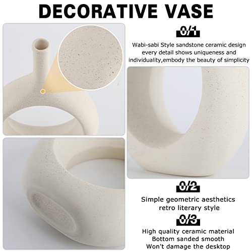 Off White Ceramic Hollow Elliptical Vase Set of 2 - Boho Circle Vase with Hole, for Modern Off White Table Decor, Living Room Decor Shelf mid Century Modern Home Entrance Decorative vase - color: Vintage White