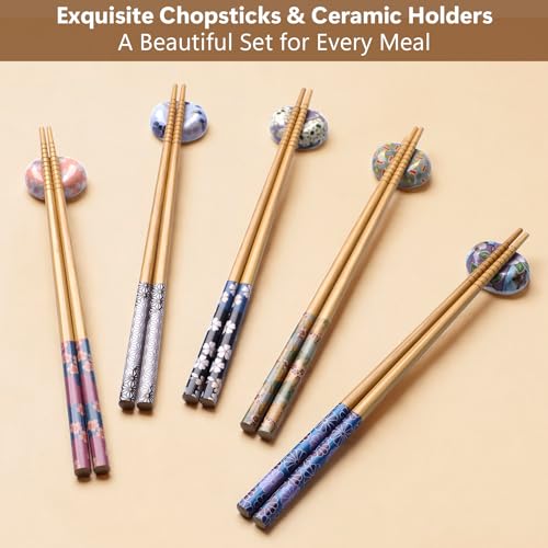 Antner 5 Pairs Reusable Bamboo Chopsticks Set with Ceramic Chopstick Rests, 8.8 Inch Japanese Style Chop Sticks with Holders for Sushi Ramen Asian Cuisine Lovers Gift Set, Black Elegant Packaging - color: Colorful Bloom Floral Chopsticks Set