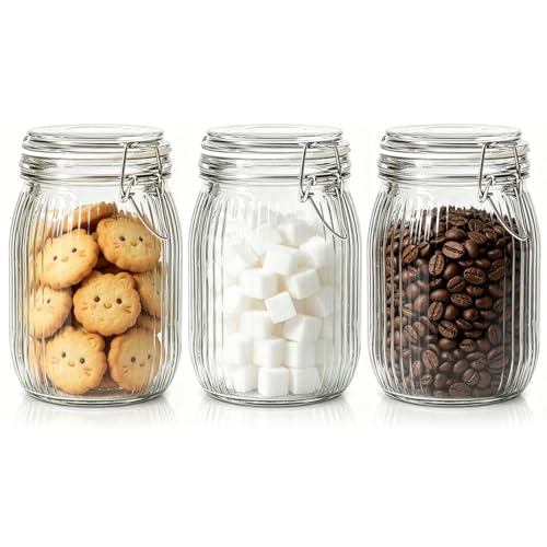 ComSaf Ribbed Glass Pantry Jars with Airtight Lids 34 oz 3 Pack Coffee - size: 34 fl oz x 3 - Ribbed