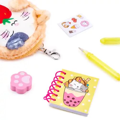 VOTUM Flower Cat Keychain Charm for Backpacks, Purses, Handbags, Car Keys with Stationery Set - Includes Mini Notebook, Gel Pen, Eraser, Stickers - Portable &; Fun Gift for Tweens Ages 8+ - style: Flower Cat
