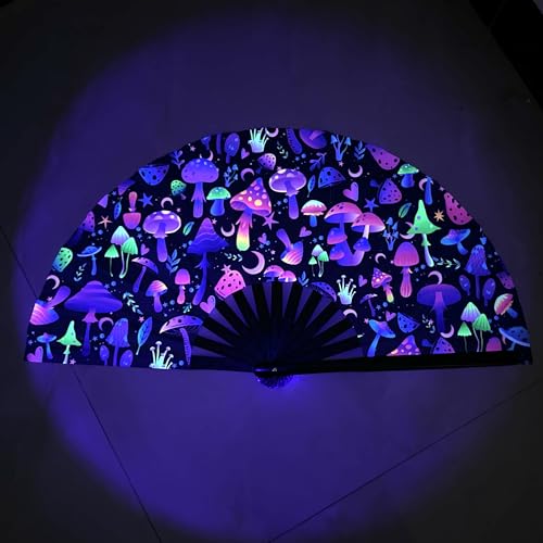 Large UV Glow Rave Fan, Line Dance Clap Folding Fan Clack Folding Hand Fan for Dancing, Halloween, Music Festival, Club, Dance, Party(Small Mushrooms) - color: Small Mushrooms