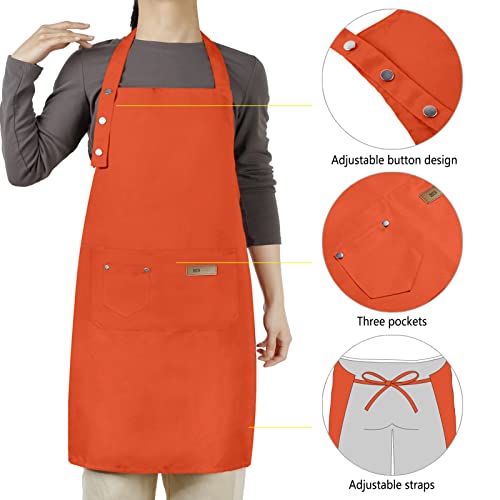 Hongsome Adjustable Button Apron for Women Men Artist Painting Pottery Garden Cooking Kitchen Chef 3 Pockets Waterproof M-XXL - color: Orange