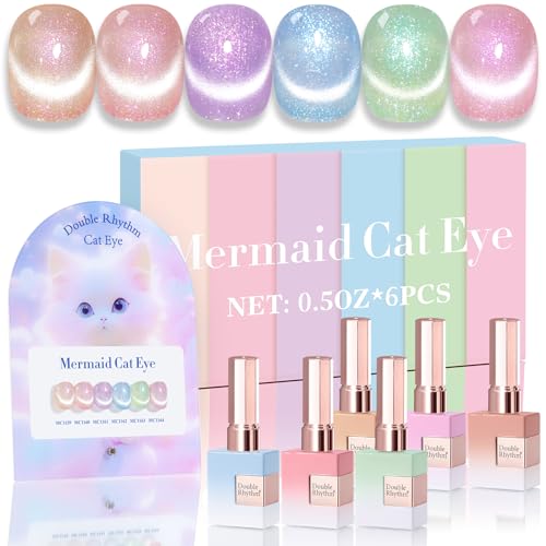 Double Rhythm Cat Eye Gel Nail Polish Set of 6 Same Color Same Bottle 0.5 Oz Shimmer Glitter with Magnet Holographic Reflective Magnetic UV Nail Polish Kit at Home (Nude Pink Green Purple-T6-29) - color: Green Blue