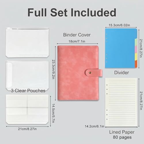 A5 6 Ring PU Leather Binder Notebook Refillable Planner Organizer, Budget Binder with Pockets Dividers Refill Paper for Office School Travel Diary (Pink) - color: Pink