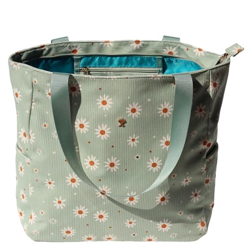 ESVAN Original Floral Water Resistant Large Tote Bag Shoulder Bag for Gym Beach Travel Daily Bags Upgraded - color: Corduroy Matcha Daisy