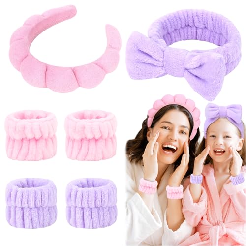 6 Pcs Spa Headband Set - Terry Cloth Headbands with Sponge Wristbands for Skincare, Makeup Removal, and Shower - color: Pink+Purple
