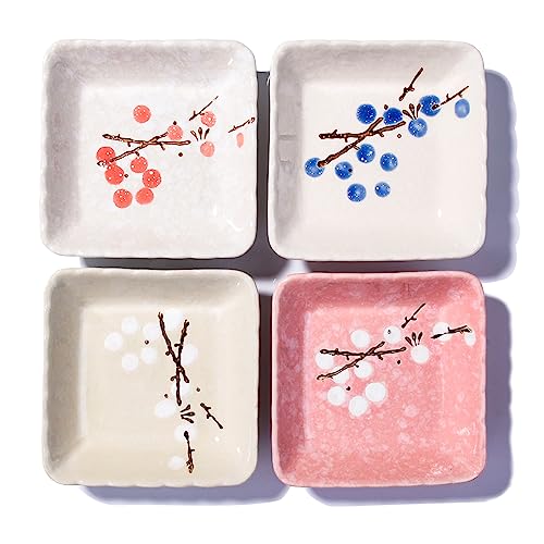 Ceramic Japanese Soy Sauce Dish Set of 4, 3.22‘’ Square Small Sushi Dishes