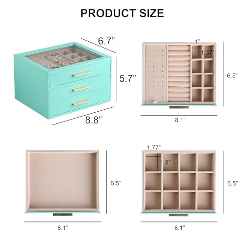 Frebeauty Jewelry Box for Women,Clear Lid Jewelry Organizer with 3 Drawers - color: Turquoise, size: 3 Drawer