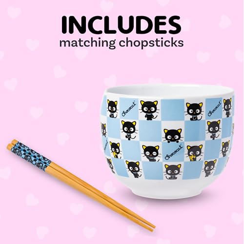 Silver Buffalo Hello Kitty and Friends Chococat Checkered Pattern Ceramic Ramen Noodle Rice Bowl with Chopsticks, Microwave Safe, 20 Ounces - color: Chococat Checkered, size: 20 Ounces (No Spoon)